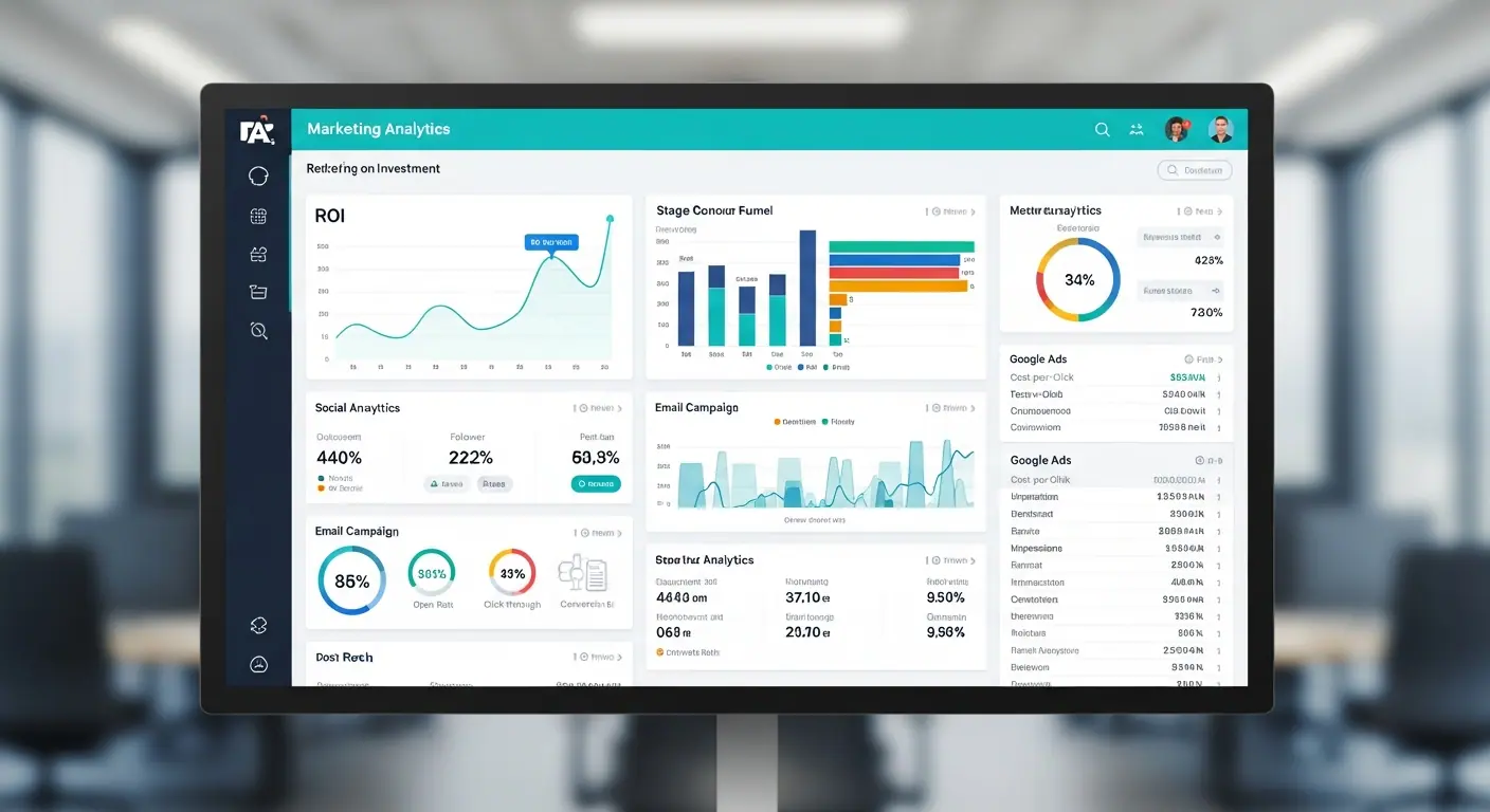 Aperçu du dashboard marketing avec KPIs et graphiques de conversion